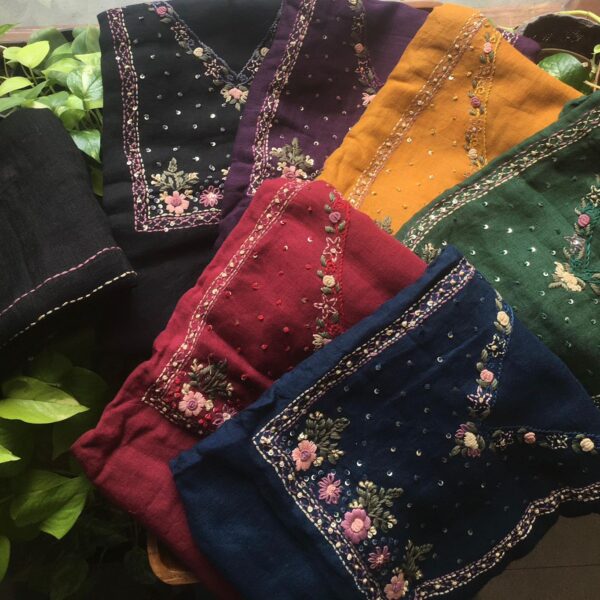 A beautiful collection of Linen top & Duppatta with intricate hand embroidery featuring Kanta work , satin stitches & silver Zari borders. Santoon bottom!!! Limited pieces available!!!Hurry & order these before we run out of them! Perfect choice for gifting your dear ones this festive season