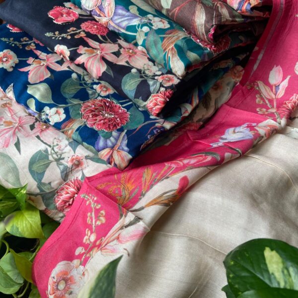 A beautiful collection of pure muslin silk top & Duppatta with exquisite floral prints & hand embroidery & santoon bottom