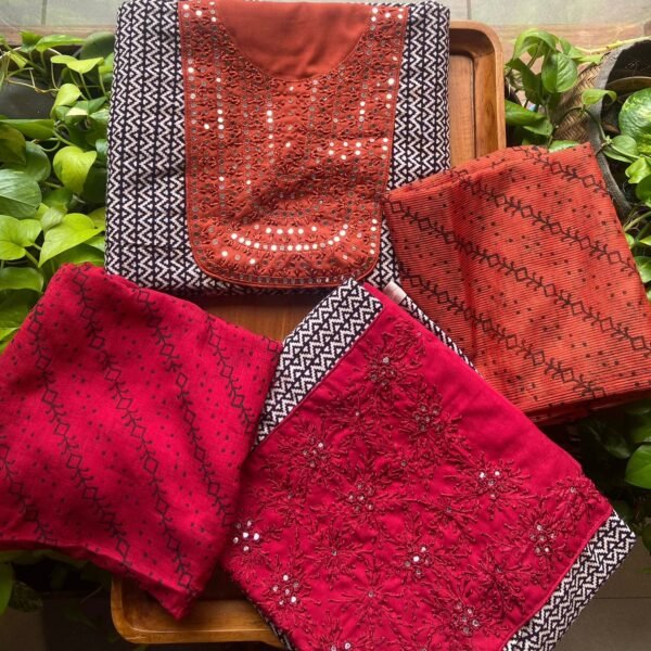 A beautiful collection of Pure cotton top with stunning handwork featuring mirror work & French knots , cotton bottom@& block printed Kota silk Duppatta!!! Limited pieces available!!!Hurry & order these before we run out of them! Perfect choice for gifting your dear ones this festive season