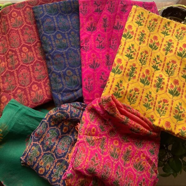 A beautiful collection of soft muslin cotton top & bottom with block prints & pretty chiffon Duppatta with hand crochet !!! Limited pieces available!!!Hurry & order these before we run out of them! Perfect choice for gifting your dear ones this festive season
