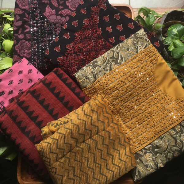 Our most demanded collection of pure cotton top with Ajrak block prints & mirror work , cotton bottom & Kota silk / chiffon Duppatta !!! The truly gorgeous handpicked colors & combinations make these stunning !!! No bottom. Can be customised additionally. Limited pieces available!!!Hurry & order these before we run out of them! Perfect choice for gifting your dear ones this festive season