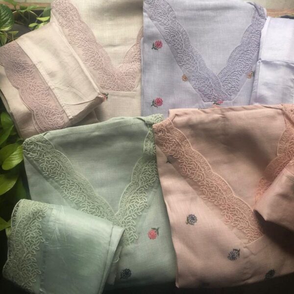Beautiful Linen cotton top with floral embroidery & French lace detailing at neck & sleeve borders , cotton botton & silk Duppatta with French lace borders !!! Limited pieces available!!!Hurry & order these before we run out of them! Perfect choice for gifting your dear ones this festive season