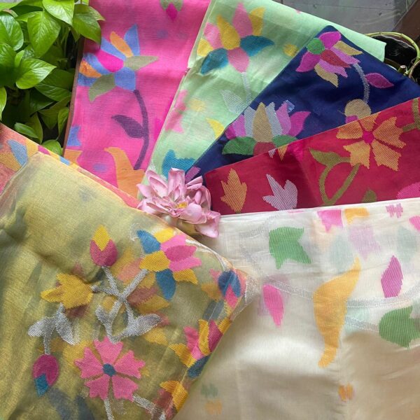 A beautiful & unique collection in stunning organza top and Duppatta with Jamdhani hand weaving. No bottom. Can be customised additionally Styling tip : The Beautiful Ivory sandal tone paired with the exquisite embroidery , Jamdhani weaving and French lace detailing makes these a class choice for the upcoming festive season