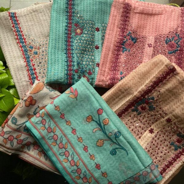 Beautiful Chandheri silk top & Duppatta with kanta hand embroidery throughout & santoon bottom !!! The beautiful handpicked colors & the exquisite embroidery makes these very stunning .Limited pieces available!!!Hurry & order these before we run out of them! Perfect choice for gifting your dear ones this festive season