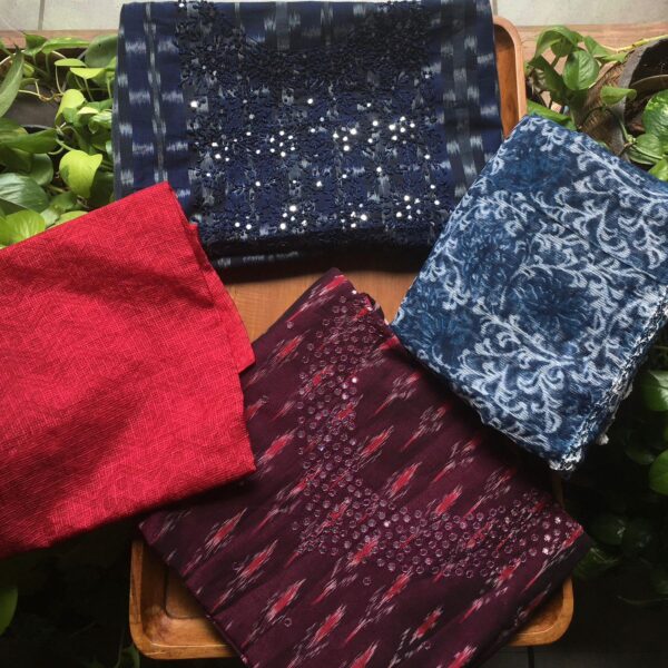 Beautiful Double Ikkat silk top with intricate hand embroidery & mirror work , cotton botton & Kota silk block printed Duppatta…Limited pieces available!!!Hurry & order these before we run out of them! Perfect choice for gifting your dear ones this festive season