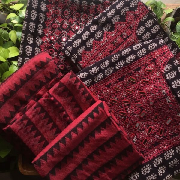 A beautiful collection of pure cotton top with Baghru prints & authentic Kutch hand embroidery paired with mirror work , cotton bottom & Kota silk Duppatta with stunning block prints !!! Limited pieces available!!!Hurry & order these before we run out of them! Perfect choice for gifting your dear ones this festive season