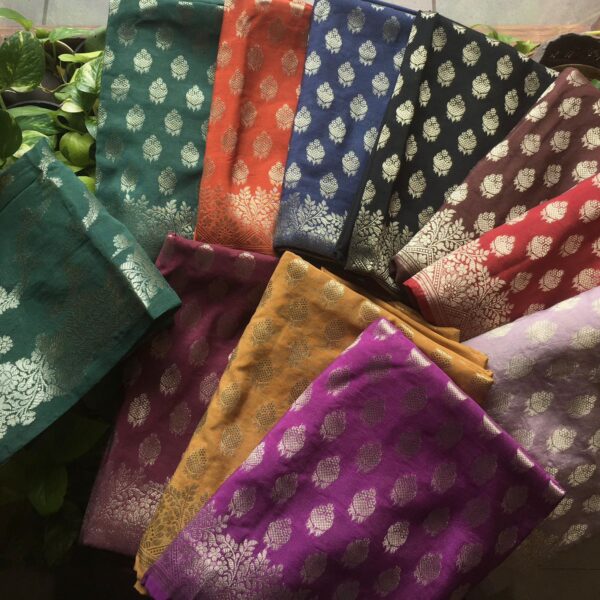 Beautiful Designer Benarasi suits on Chandheri silk top & Duppatta with intricate butta & stripe weaving !!! Cotton silk bottom. !!!Limited pieces available!!!Hurry & order these before we run out of them