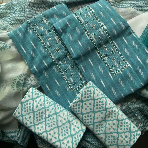 Stunning Ikkat cotton top with Kutch hand embroidery , cotton printed bottom & chiffon Duppatta !Limited pieces available!!!Hurry & order these before we run out of them! Perfect choice for gifting your dear ones this festive season