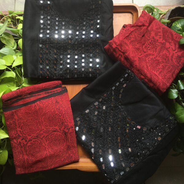 A beautiful collection of pure Chandheri silk top with mirror work,Block printed Linen Silk Duppatta & Cotton bottom !!! Limited pieces available!!!Hurry & order these before we run out of them! Perfect choice for gifting your dear ones this festive season