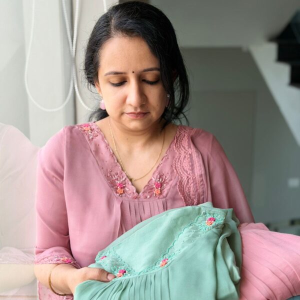 A beautiful designer collection of georgette top with intricate hand embroidery at neckline & sleeve borders , cotton silk bottom & georgette Duppatta with French lace borders