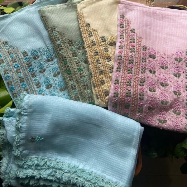 ☘️ A beautiful collection of pure Kota silk top and Duppatta with intricate hand embroidery featuring bullion roses, French knots , satin stitches n more and cotton bottom !!! Limited pieces available!!!Hurry and order these before we run out of them! Perfect choice for gifting your dear ones this festive season