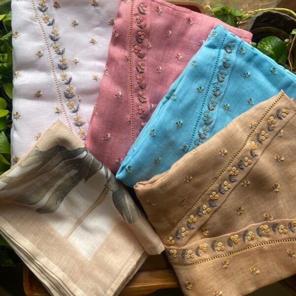 ☘️A beautiful collection of Linen top with intricate floral embroidery all over top and pearl embroidery Handworked at neckline , santoon botton and floral printed linen Duppatta