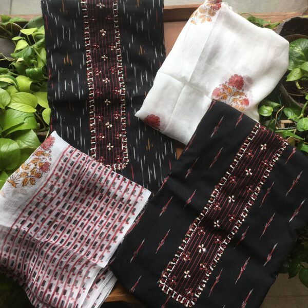 ☘️A beautiful & unique collection in pure Ikkat top with Kutch hand embroidery, cotton bottom and pure chiffon Duppatta