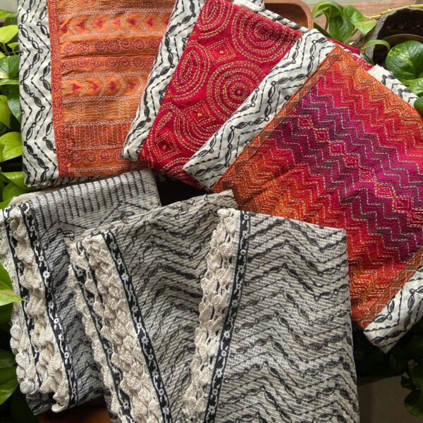 A beautiful collection of pure Chandheri silk top with exquisite nakshi Kanta work on yoke & sleeve borders, cotton bottom & matka silk Duppatta with hand crochet borders!!! Limited pieces available!!!Hurry & order these before we run out of them! Perfect choice for gifting your dear ones this festive season