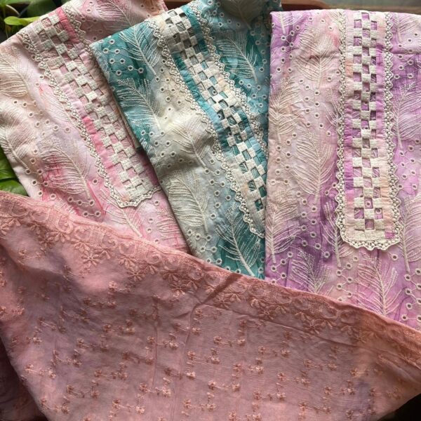 Beautiful Cutwork Hakoba Cotton top with French lace detailing , cotton bottom & chiffon embroidered Duppatta !Limited pieces available!!!Hurry & order these before we run out of them! Perfect choice for gifting your dear ones this festive season