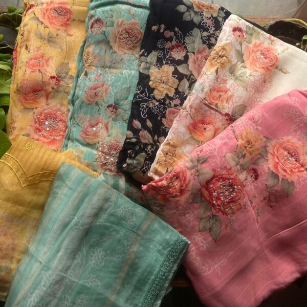 A beautiful premium collection of pure organzas with intricate floral prints !!! Beautiful florals you will not find elsewhere with deluxate embroidery ensures a super stylish attire!!! pure organza top & Duppatta with ethereal floral prints & embroidery & santoon botton