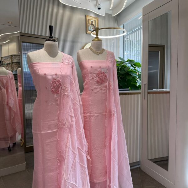 Beautiful pure organza top & Duppatta with intricate hand embroidery detailing & santoon bottom !Limited pieces available!!!Hurry & order these before we run out of them! Perfect choice for gifting your dear ones this festive season