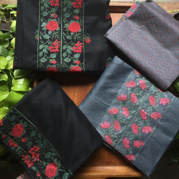 Beautiful Matka silk top & Duppatta with intricate cross stitch embroidery & cotton silk bottom…Limited pieces available!!!Hurry & order these before we run out of them! Perfect choice for gifting your dear ones this festive season