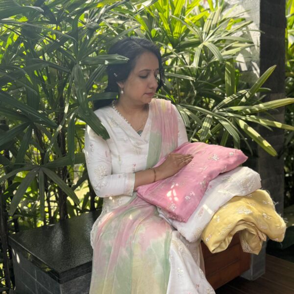 Presenting a stunning collection of Semi tussar silk top with exquisite Floral embroidery along front & back & a beautiful thread worked border in embroidery colors which you can use for your Styling , santoon bottom & a pure chiffon Shibori Tye & dyed Duppatta Hurry & order these before we run out of them! Dispatch time 3 days