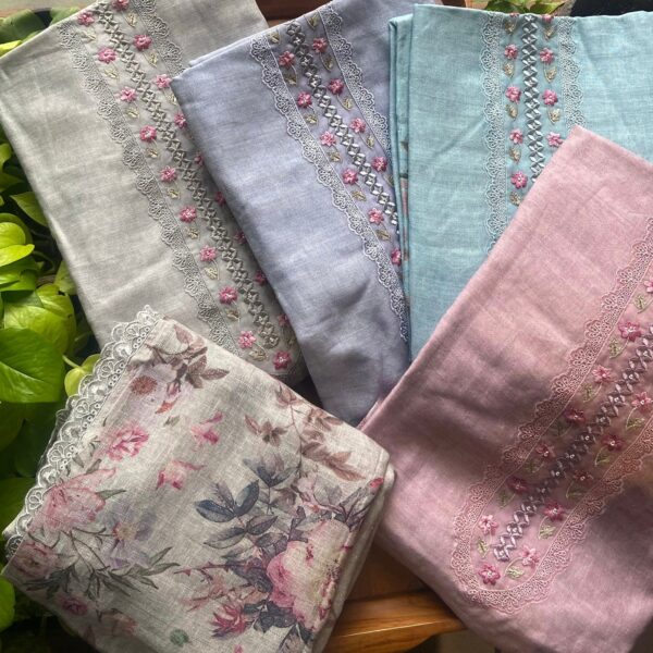 Are you looking out for Beautiful Linens to add to your wardrobe ? These Floral Linens are the perfect choice! Beautiful & exclusive Linen top & duppattas with intricate pearl embroidery & floral prints & cotton bottom
