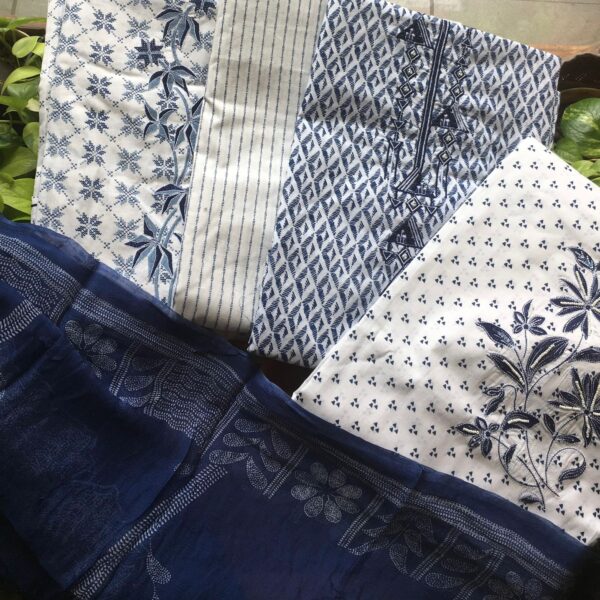 Avaialble now on Pre-Order!!! Dispatch time 10-15 days!!!Presenting Beautiful Indigo Collection on pure muslin cotton top with pearl embroidery, cotton bottom & chiffon duppatta