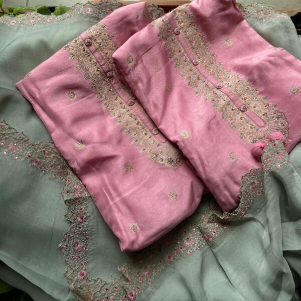 Presenting Beautiful Pure Uppada silk cotton top with hand embroidery & Benarasi weaving , santoon bottom & pure organza Duppatta with floral embroidered borders & Mughal jaal scalloped borders