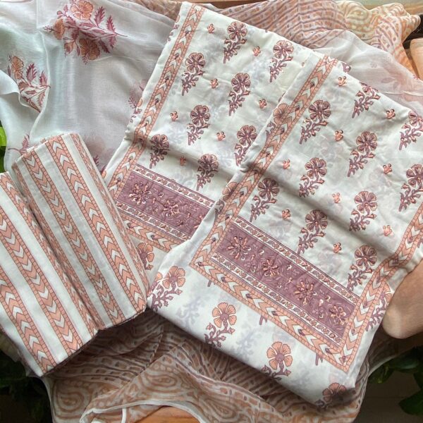 Are you looking out for Beautiful & Unique Designer Cottons to add to your wardrobe ? These Hand block printed Kutch worked cottons are the perfect choice! Pure cotton top with authentic Kutch work (does not need lining ) cotton printed bottom & hand block printed chiffon duppattas