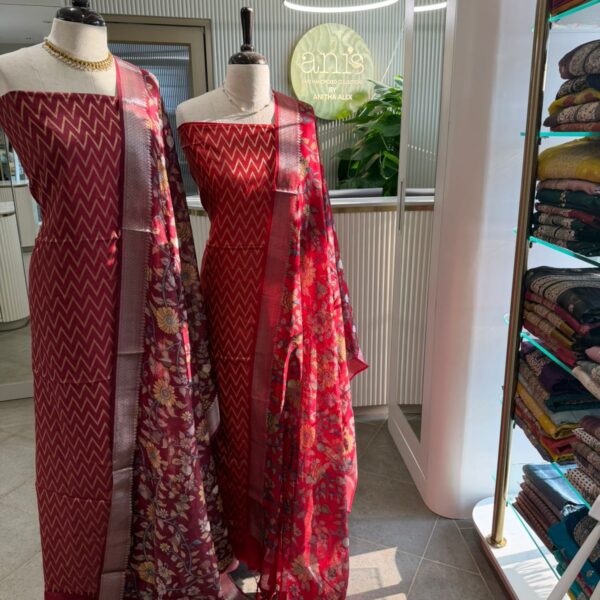 Beautiful pure Benarasi Chandheri silk top & Duppatta with intricate Benarasi weaving & santoon bottom!!!Limited pieces available!!!Hurry & order these before we run out of them! Perfect choice for gifting your dear ones this festive season