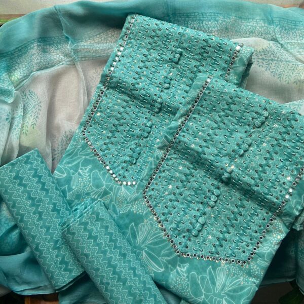 Are you looking out for Beautiful & Unique Designer Cottons to add to your wardrobe ? These Hand block printed Kutch worked cottons are the perfect choice! Pure cotton top with authentic Kutch work (does not need lining ) cotton printed bottom & hand block printed chiffon duppattas