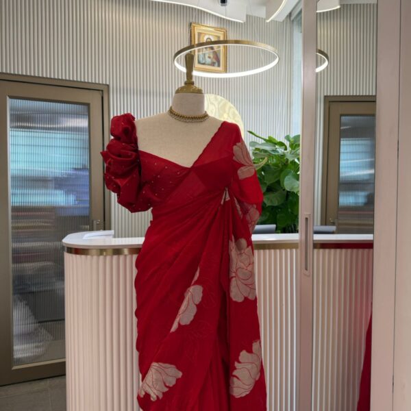 A stunning pure Silk Organza saree with beautiful embroidery & appliqués all along length Of saree & a stunning Benarasi silk blouse