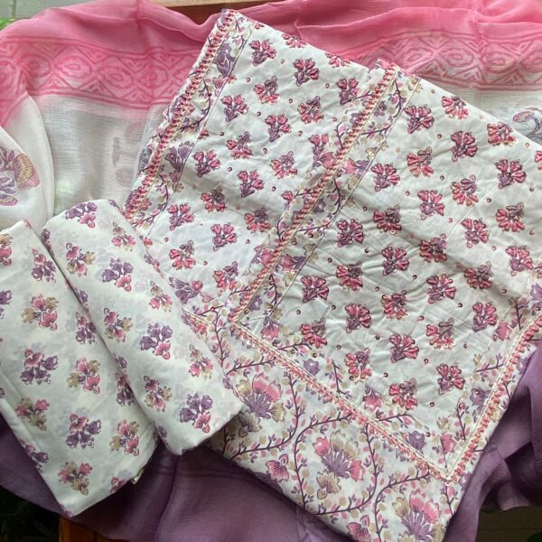 duppaAre you looking out for Beautiful & Unique Designer Cottons to add to your wardrobe ? These Hand block printed Kutch worked cottons are the perfect choice! Pure cotton top with authentic Kutch work (does not need lining ) cotton printed bottom & hand block printed chiffonttas