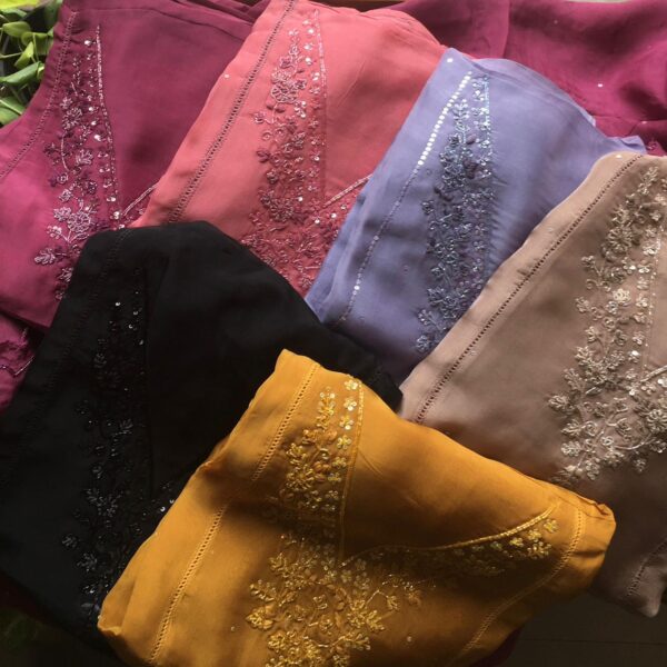 Are you looking out for Beautiful Handworked Pure Organza Suits to add to your wardrobe ? We have the perfect pick for you !Pure soft organza top & Duppatta with intricate hand embroidery detailing & santoon bottom