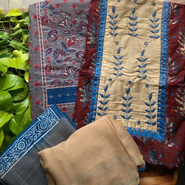 Are you looking out for Beautiful & Unique Designer Cottons to add to your wardrobe ? These Hand block printed Kutch worked cottons are the perfect choice! Pure cotton top with authentic Kutch work (does not need lining ) cotton printed bottom & hand block printed chiffon duppattas