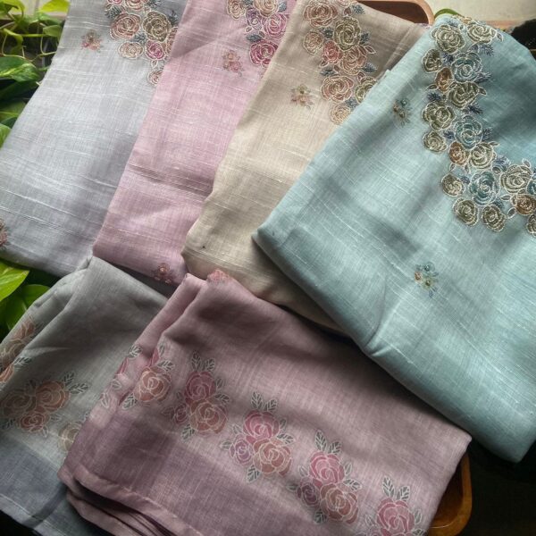 Beautiful Linen cotton top & Duppatta with intricate hand embroidery featuring English rosette motifs , cotton bottom & floral printed Duppatta !!!Limited pieces available!!!Hurry & order these before we run out of them! Perfect choice for gifting your dear ones this festive season