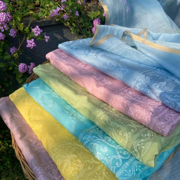 Presenting a Beautiful Edit in Pure Malai Chandheri with exquisite Chikankari Embroidery all along top , santoon bottom & pure malai Chandheri Duppatta with intricate embroidery & Bavanchi borders and tassels