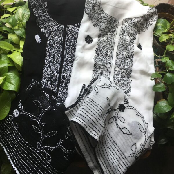 Presenting Stunning Designer georgette suits with beautiful hand done Nakshi Kanta embroidery all along length of top & Duppatta on pure viscose georgette. Santoon bottom