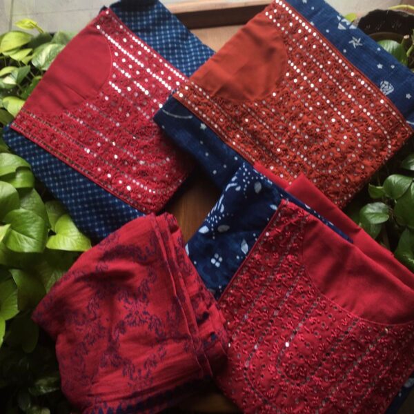 Are you looking out for Beautiful & Unique Designer Cottons to add to your wardrobe ? These Hand block printed Indigo cottons are the perfect choice! Pure cotton top with mirror work , (does not need lining ) cotton bottom & hand block printed chiffon duppattas