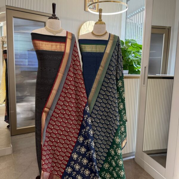 Are you looking out for Beautiful & Unique Designer muslins to add to your wardrobe ? These Hand block printed muslins are the perfect choice! Pure muslin top with a stunning border for styling , santoon bottom & muslin block printed Duppatta