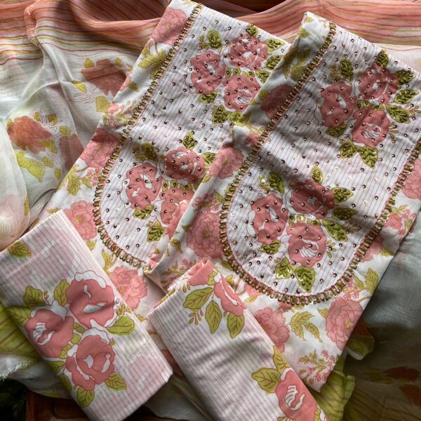 Are you looking out for Beautiful & Unique Designer Cottons to add to your wardrobe ? These Hand block printed Kutch worked cottons are the perfect choice! Pure cotton top with authentic Kutch work (does not need lining ) cotton printed bottom & hand block printed chiffon duppattas