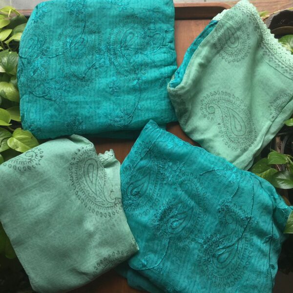 Are you looking out for Beautiful & Unique Suits to add to your wardrobe ? These Ombre dyed suits are the perfect choice! Pure chiffon top with embroidery & block prints , cotton bottom & chiffon Duppatta