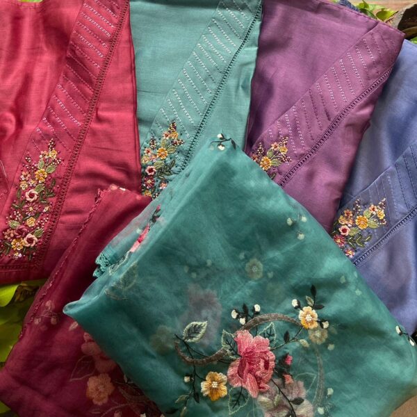 Stunning Pure Benarasi Chandheri silk top with intricate hand embroidery detailing on neckline & sleeve borders, embroidered patch on santoon bottom & beautiful organza Duppatta with embroidery