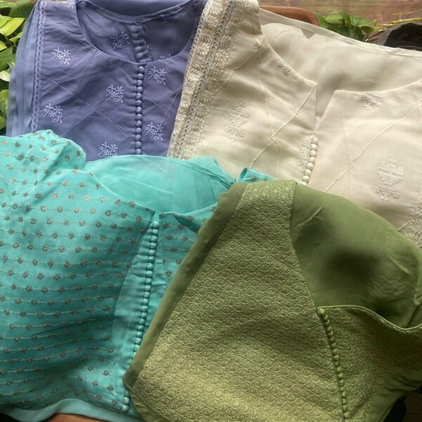 Stunning Pure Georgette top with intricate embroidery & designer detailing on neckline & sleeve borders, santoon bottom & beautiful chiffon Duppatta. These designer suits are styled with all patterns & only needs to be stitched as per measurements