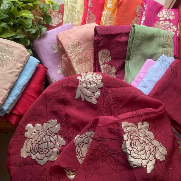 ☘️ A beautiful collection of pure silk organza top and Duppatta with exquisite tissue appliqués ,santoon bottom. These beautiful suits are hand crafted at 3 metres and can be styled in different ways and is the perfect choice for premium classy wear