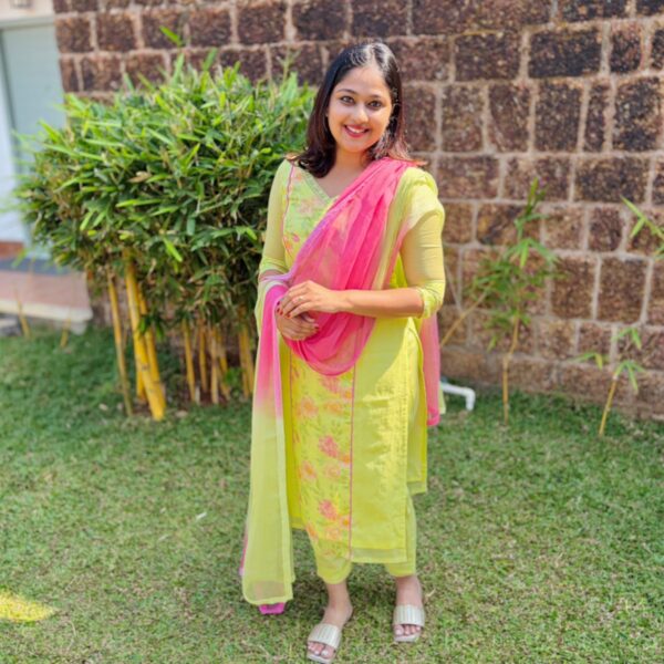 Dispatch time 3-5 days...!!!!Presenting a Beautiful Designer Suit in Pure Malai Chandheri with stylish floral prints and crochet detailing as panel cut on top and sleeve ends , santoon bottom with crochet detailing and a stunning ombré dyed chiffon Duppatta with lace edging