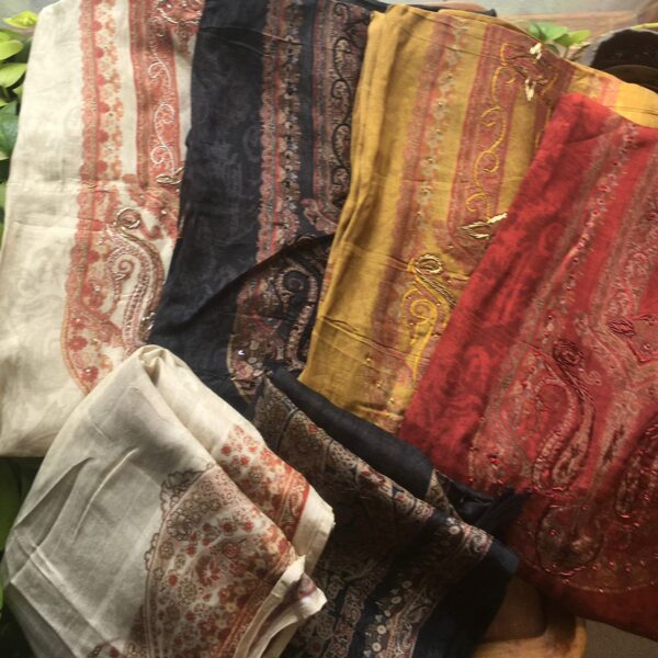 Pure muslin silk top with Kalamkari and Zardosi detailing at neckline , santoon bottom and muslin silk duppatta with stunning Kalamkari block prints