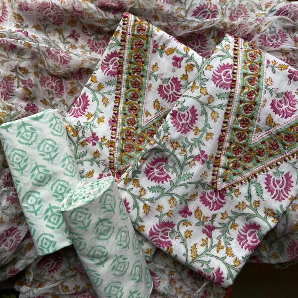 Pure cotton top with authentic Kutch work (does not need lining ) cotton printed bottom and hand block printed chiffon duppattas