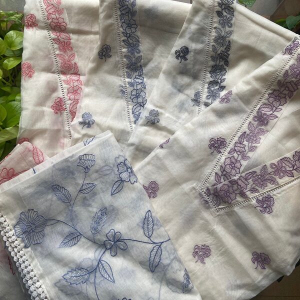 Are you looking out for a Beautiful and classy Offwhite Silk to add to your wardrobe ? These Silk suits with intricate embroidery and detailing is the perfect choice! Pure Mal Chandheri top and Duppatta with beautiful embroidery detailing and santoon bottom also with embroidery detailing