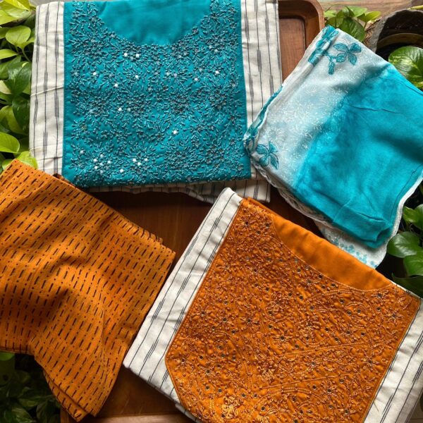 Pure Ikkat top with exquisite hand work , cotton bottom and pure chiffon Duppatta