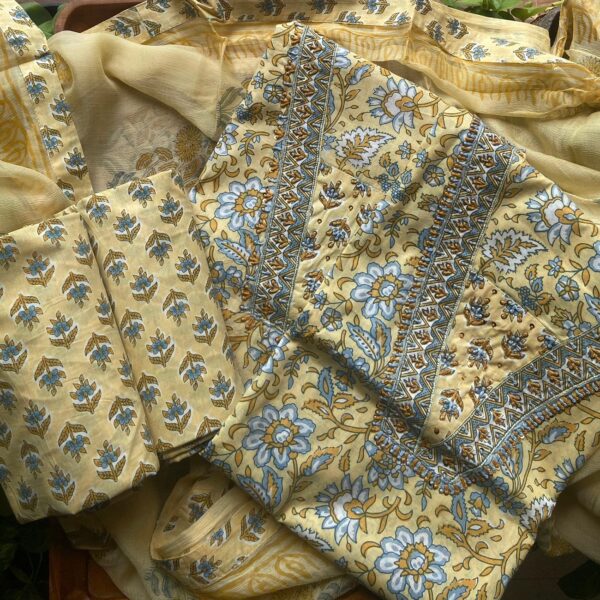 Are you looking out for Beautiful & Unique Designer Cottons to add to your wardrobe ? These Hand block printed Kutch worked cottons are the perfect choice! Pure cotton top with authentic Kutch work (does not need lining ) cotton printed bottom & hand block printed chiffon duppattas