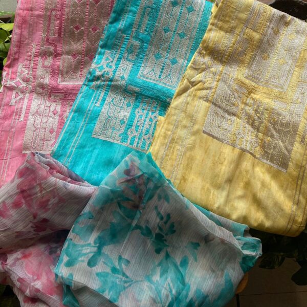 Are you looking out for beautiful Muslins to add to your summer wardrobe ? These beautiful floral muslins are the perfect choice. Pure muslin top with contemporary embroidery , cotton bottom & chiffon Duppatta